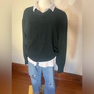 Eddie Bauer cotton cashmere blend dark forest green v neck sweater size large